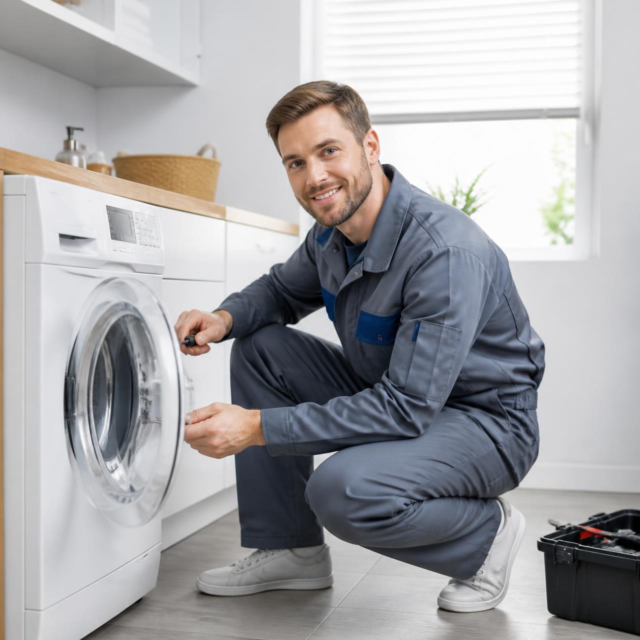 Techniker in Arbeitskleidung repariert eine weiße Waschmaschine in einem hellen Hauswirtschaftsraum